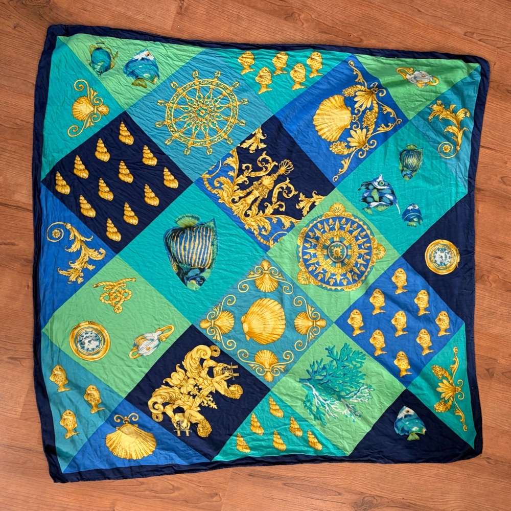 Luxury Inspired Nautical Print Silk Scarf - Blue, Teal & Gold